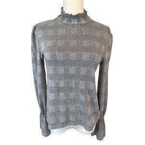 2/$30 Zara Trafaluc Small Gray Plaid Dainty Blouse Ruffled Cuffs High Neck